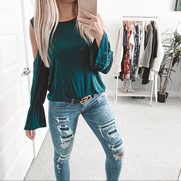 Everly Tops - Everly Cold Shoulder Tie Long Sleeve Top Teal XL